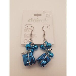 Claires Holiday Gift Box Bell Blue Silver Dangle Hook Back Earrings Christmas